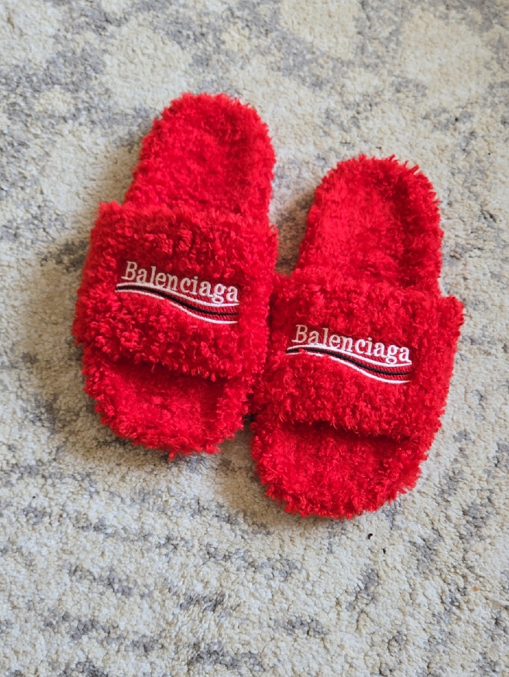 Balenciaga Red Fuzzy Slide Sandals